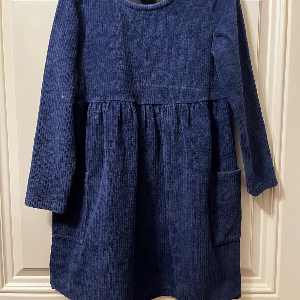 Hanna Andersson Navy Ribbed Velour Long-Sleeve Pocket Dress
